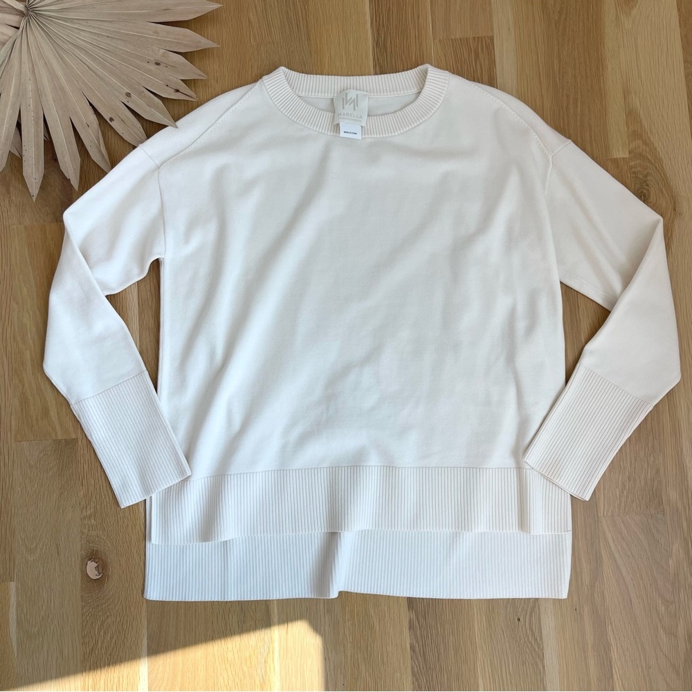 Marella Monochrome Max Mara Lorena Cream Neutral Ribbed Knit Sweater Size Large